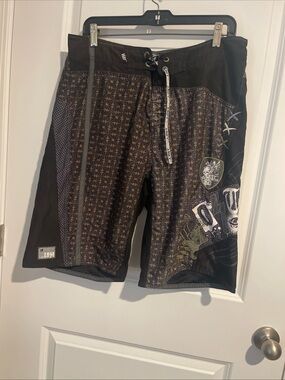 Men's Black & Brown Graphic Board shorts 34x10 LOST Drawstring waist